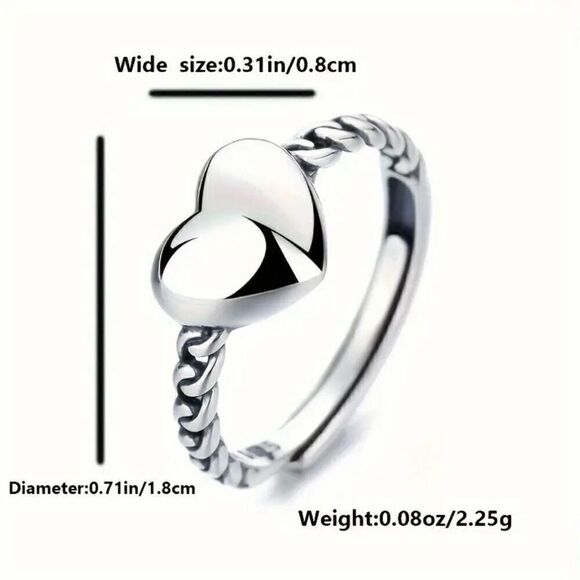 Sterling Silver Heart Ring Womens Cute Design Adjustable Swirl Band New - Picture 5 of 9